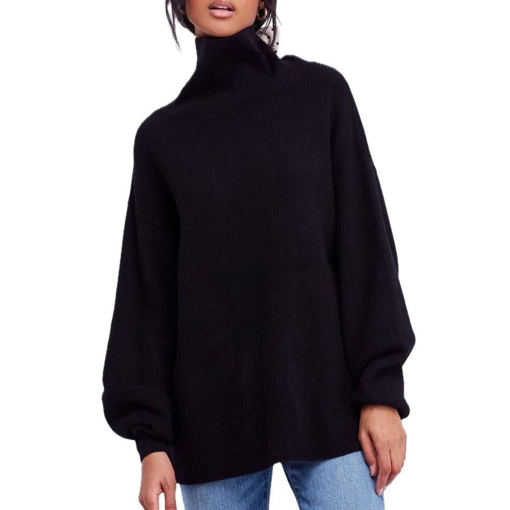 Free People Black Oversized Rib Knit Turtleneck Softly Structured Tunic Sweater